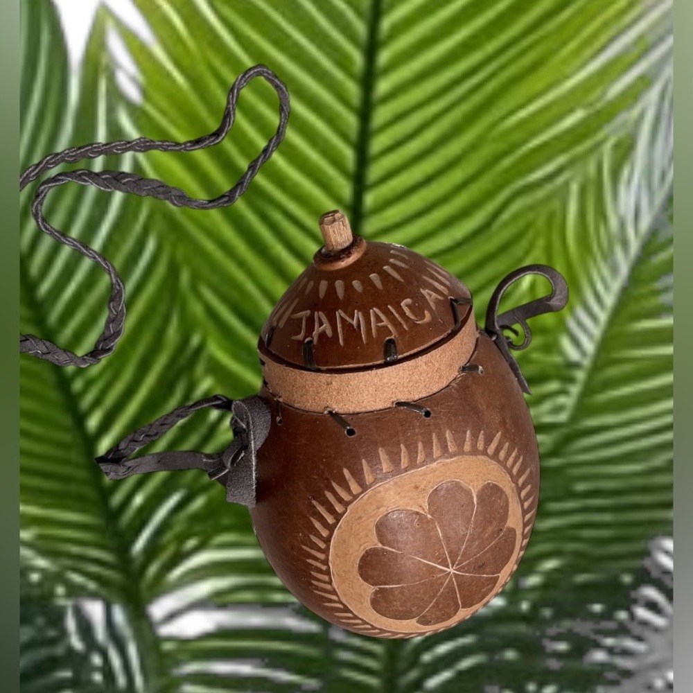 Vintage Handcrafted from JAMICA Brown Gourd with Strap and removable Top